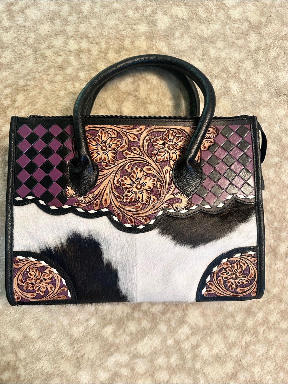 Floral Tooled Leather & Haircalf Satchel in Purple and Black